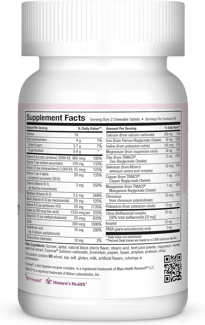 Maxi Health Chewable Prenatal Vitamins for Women – Prenatal with Iron, Biotin, Pantothenic Acid, & Magnesium – Kosher, Cherry Flavor Pregnancy Vitamins – 90 Tablets