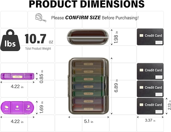Weekly Pill Organizer 3X a Day, 7 Day Pill Box 3 Times, Portable for Travel Pill Case for Pills/Vitamin/Fish Oil/Medication/Supplements (3x7 Black+Rainbow)