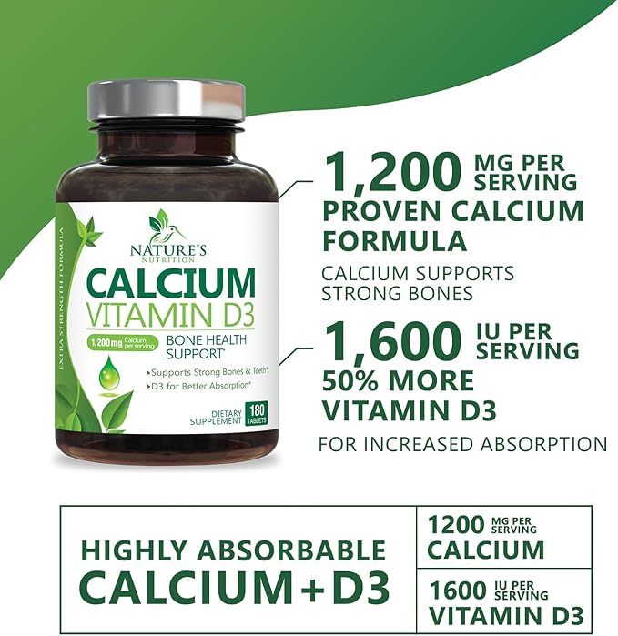 Calcium Supplement with Vitamin D3-1200 mg Calcium per Serving with D3 for Best Absorption - Supports Immune Health, Bones & Teeth - Nature's Calcium is Bottled in USA for Women & Men - 180 Tablets