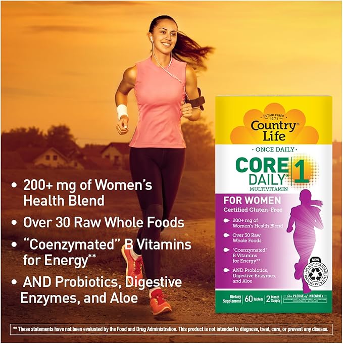 Country Life Women’s Core 1 Daily Multivitamin with Iron, Cranberry, Probiotics, and Digestive Enzymes-Certified Gluten-Free Formula for Energy, Immune Support and Complete Digestive Health,60 Tablets