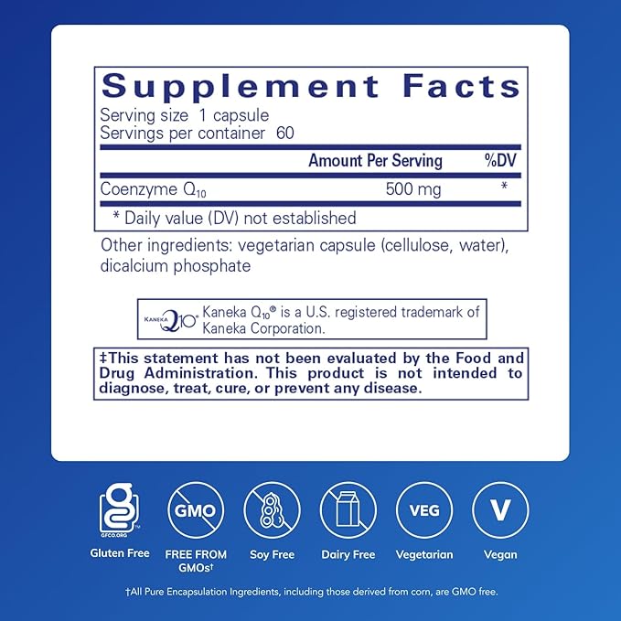 Pure Encapsulations CoQ10 500 mg | Coenzyme Q10 Supplement for Energy, Antioxidants, Brain and Cellular Health, Cognition, and Cardiovascular Support* | 60 Capsules