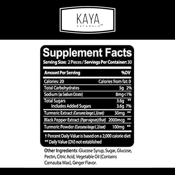 Kaya Naturals Turmeric Supplements Gummies - Pure Nature Turmeric Curcumin -Turmeric Ginger Gummies - 30 Count Gummy - Turmeric with Black Pepper Extract