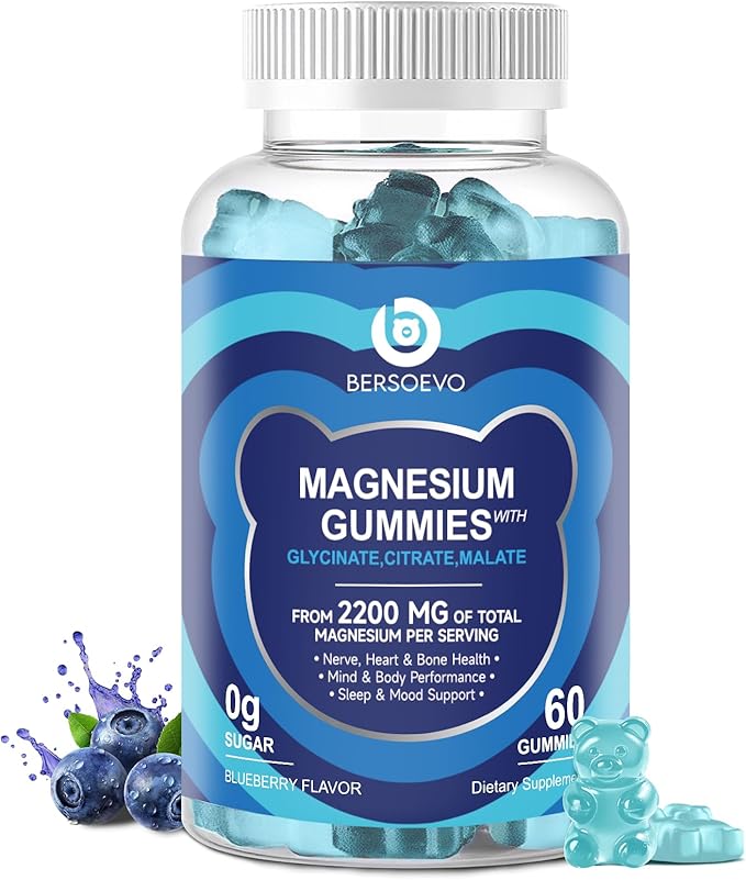 Magnesium Glycinate Gummies 2200mg, High Absorption Magnesium Glycinate, Citrate, Malate Gummies for Adults and Kids, Sugar Free, Vegan for Sleep Support, Blueberry, 60 Count