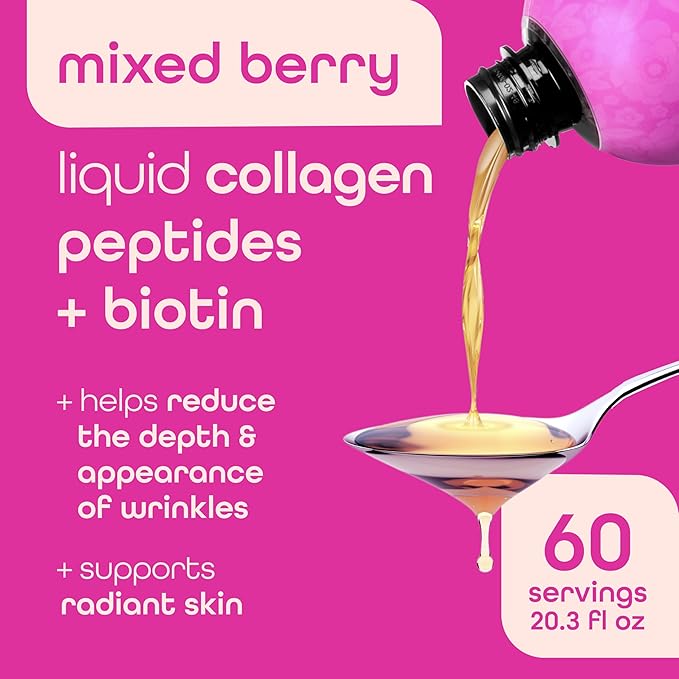 Zena Nutrition Liquid Collagen for Women & Men (Type 1 & 3) & 5000mcg Biotin, 2500mg Verisol Bioactive Collagen Peptides, Hair, Skin, Nail Supplement, Mixed Berry Colageno, 60 Servings, 20.3 fl oz
