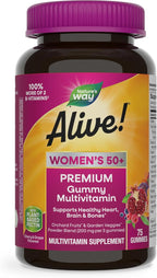 Nature’s Way Alive! Women's 50+ Premium Gummy Multivitamin Supplement, Supports Heart, Brain & Bones*, B-Vitamins, Vegetarian, Grape and Cherry Flavored Gummy Vitamins, 75 Gummies (Packaging May Vary)