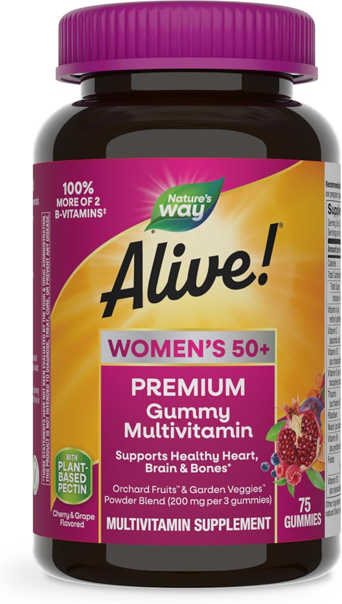 Nature’s Way Alive! Women's 50+ Premium Gummy Multivitamin Supplement, Supports Heart, Brain & Bones*, B-Vitamins, Vegetarian, Grape and Cherry Flavored Gummy Vitamins, 75 Gummies (Packaging May Vary)