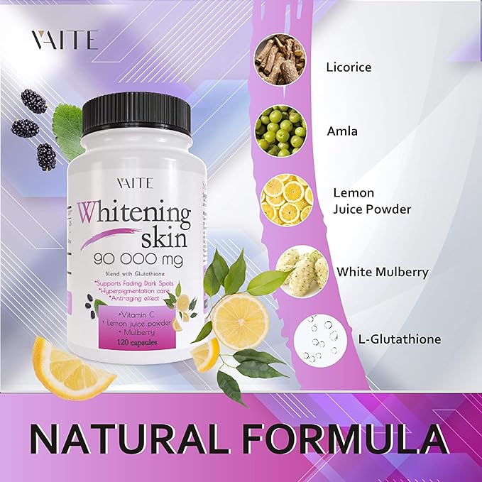 VAITE Glutathione Whitening Pills - Dark Spots & Acne Scar Remover - 90000mg - Vegan Skin Bleaching Pills with Anti-Aging & Antioxidant Effect - 120 Capsules (3 Pack)