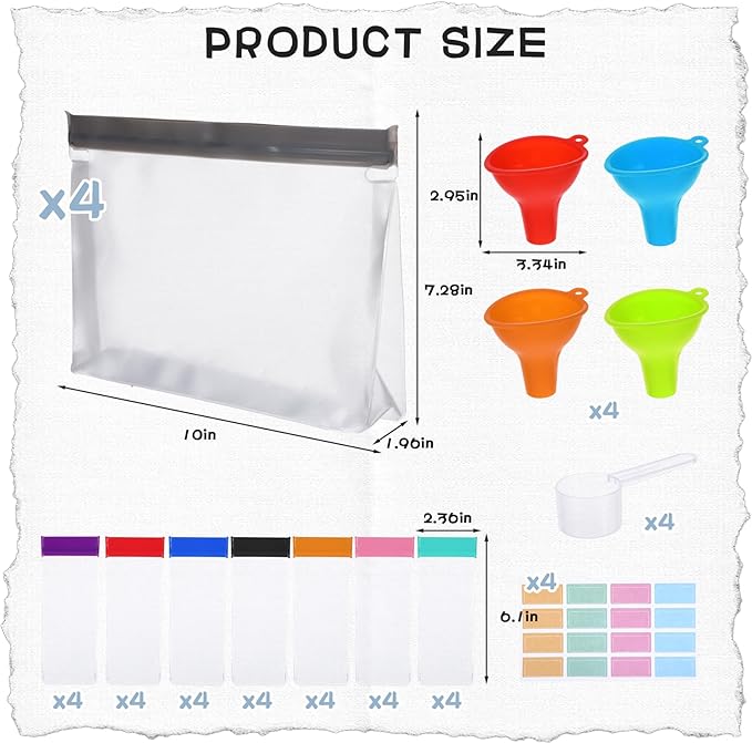 Protein Powder Travel Container Set, Travel Protein Powder Containers to Go Supplement Reusable Portable with Funnel Spoon Label, 28pcs Single Dose Bags and 4pcs Large Zip Bags Supplement Storage