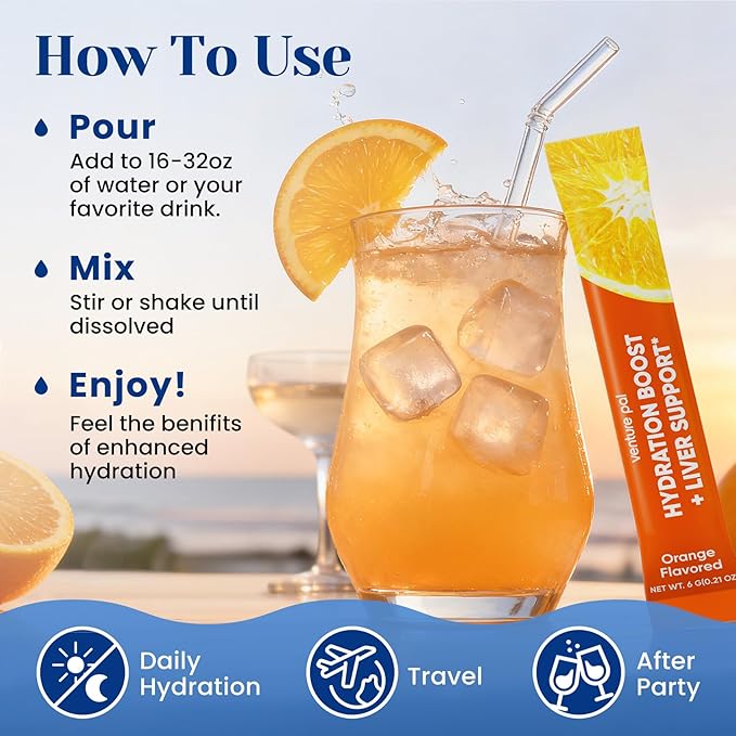 Venture Pal Hydration Packets + Liver Support- Liquid Daily IV Electrolyte Powder Packets with 7 Electrolytes & 5 Vitamins, Milk Thistle + L-Theanine | Sugar-Free | Keto Friendly | Vegan, 16 Sticks