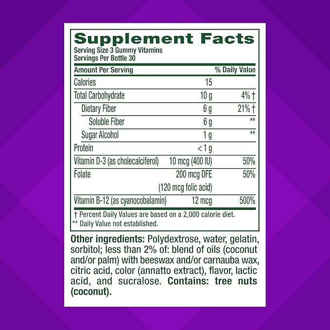Vitafusion GLP-1 Support Fiber Plus Vitamins D,B12 and Folate Gummy Vitamins,Citrus Flavor,Sugar Free,30 Day Supply,90 Count (Pack of 2)