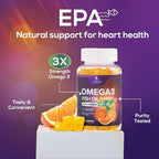 Omega 3 Fish Oil Gummies - 3X Strength Heart Health Support, High Absorption Omega 3 Fish Oil Gummy Supplement with DHA & EPA, Joint & Brain Support for Adults, Delicious Orange Flavor- 60 Gummies
