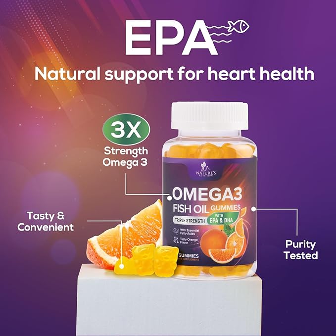 Omega 3 Fish Oil Gummies - 3X Strength Heart Health Support, High Absorption Omega 3 Fish Oil Gummy Supplement with DHA & EPA, Joint & Brain Support for Adults, Delicious Orange Flavor- 60 Gummies