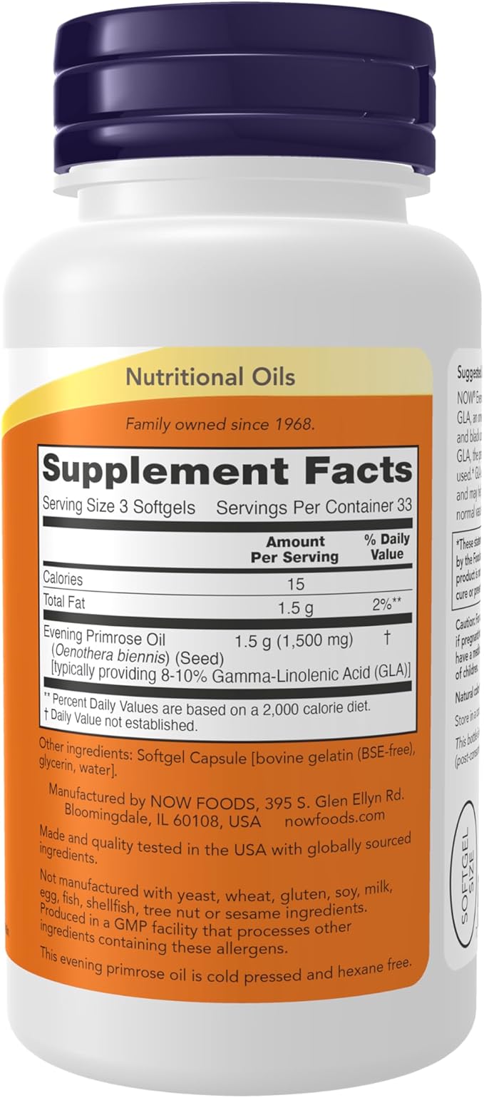 NOW Foods Supplements, Evening Primrose Oil 500 mg with Naturally Occurring GLA (Gamma-Linolenic Acid), 100 Softgels