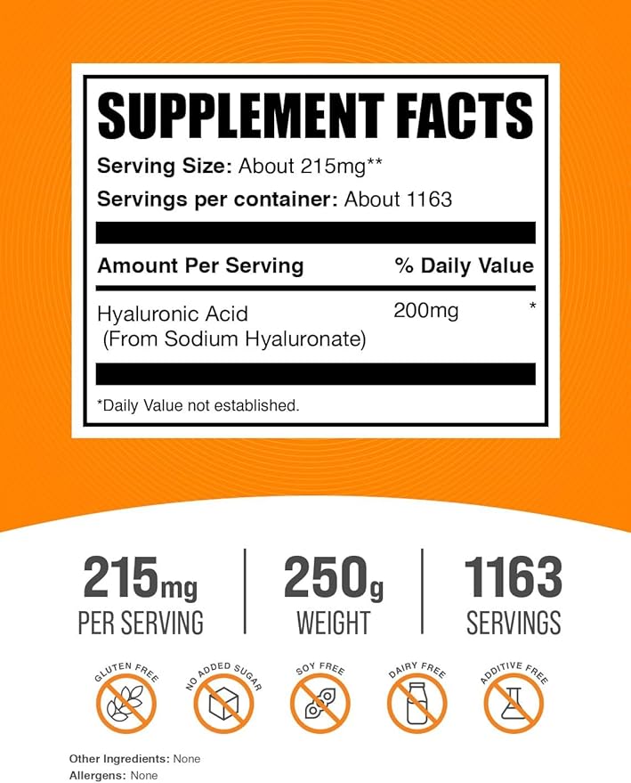 BulkSupplements.com Hyaluronic Acid Powder - as Sodium Hyaluronate, Hyaluronic Acid Supplements - Food Grade, Gluten Free - 215mg per Serving, 250g (8.8 oz) (Pack of 1)