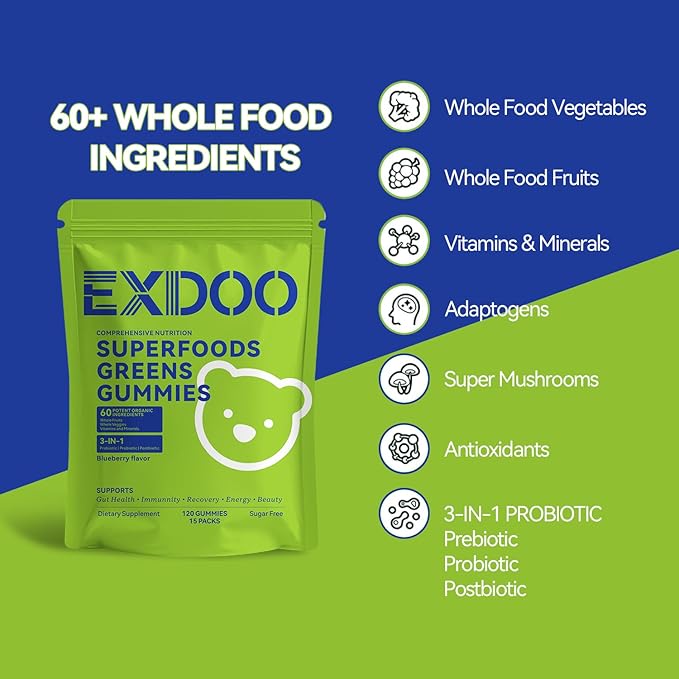 Super Greens Fiber Gummies Multivitamin Superfood Gummy with Spirulina Chlorella Prebiotic Probiotic Postbiotic for Digestive Health Supplement 15 Packs 120 Gummies