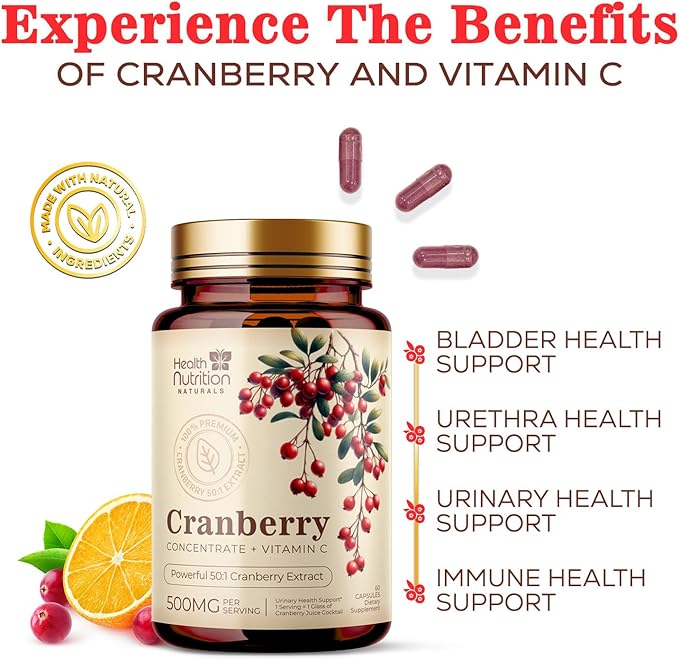Cranberry Extract 500mg Per Serving - Cranberry Powder Supplement with Vitamins C - Urinary Tract Health Support, Cran Berry Fruit, Sugar Free Formula, Bottled in USA - 60 Capsules