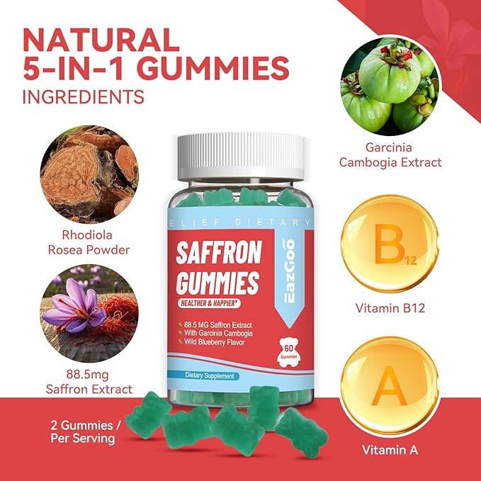 Saffron Supplements Gummies, Saffron Extract for Positive Mood & Calm Nerve, Boost Energy, with Garcinia Cambogia, Vitamin A, B12, Rhodiola Rosea - 120 Gummies