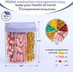 Hionxmga Pill Dispenser with 7 Large Compartments, Pill Organizer for Travel, Supplement Organizer with Anti-Mixing Design, BPA-Free Pill Container with 20 Pcs Labels, Purple