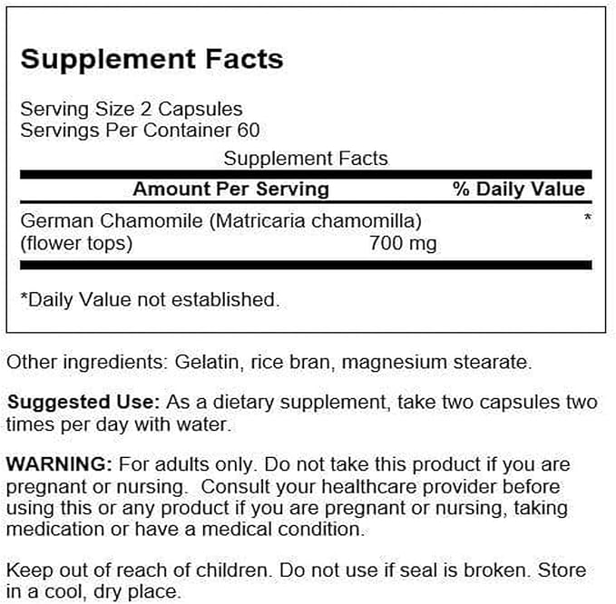 Swanson Chamomile Stress Support - Made with German Chamomile Flower - Herbal Supplement to Promote Stress, Relaxation and Sleep Support - Helps Easy Body and Mind - (120 Capsules)