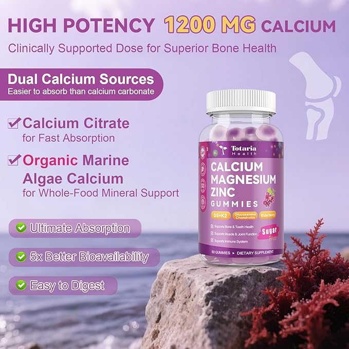 Totaria Sugar Free Calcium Magnesium Zinc Gummies for Women Men, 19-in-1 Ultimate Absorption Calcium 1200 mg Supplements with Vitamin D3 K2, Boron, B12, Ashwagandha, for Bone, Teeth, Calm, Vegan