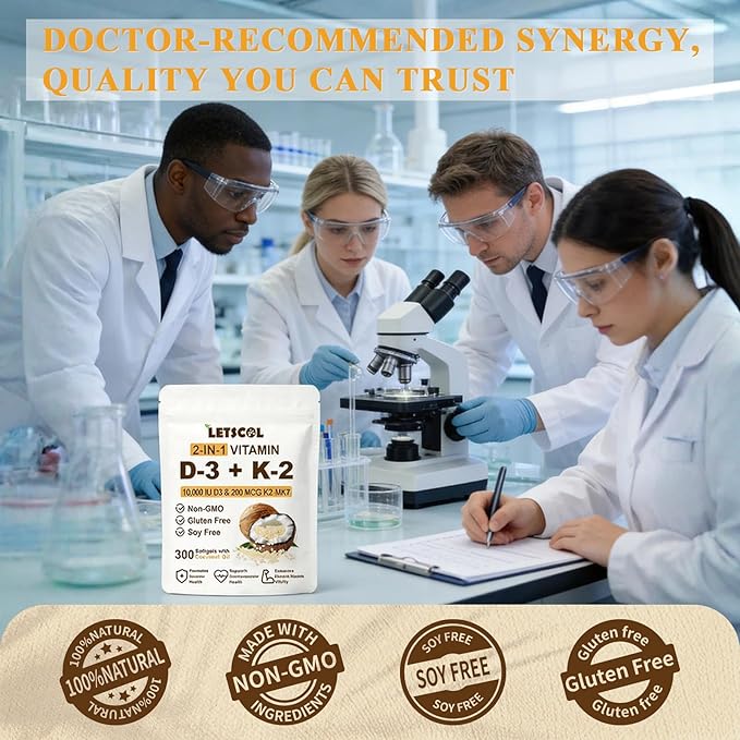 2-in-1 Vitamin D3 K2 Supplement Softgel, Vitamin D3 10000 IU and Vitamin K2 200 mcg, K2 MK7 with D3 Vitamin Supplement Support Immune, Heart, Joint, Teeth & Bone Health