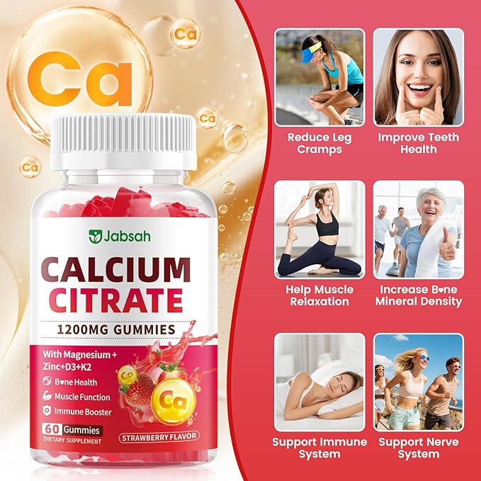 Calcium Citrate Gummies 1200mg, High Absorption Calcium Supplements with Vitamin D3, K2, Magnesium, Zinc for Bone, Muscle & Immune Support, Calcium Gummies for Women & Men, Strawberry Flavor 120 Count