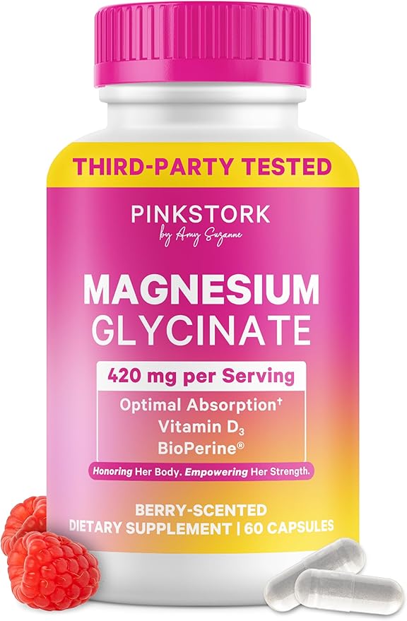 Pink Stork Magnesium Glycinate with Vitamin D - Magnesium Supplement for Women to Support Natural Calm, Mood, and Sleep - Hormone Balance for Women - 60 Capsules, Berry Essence, 1 Month Supply