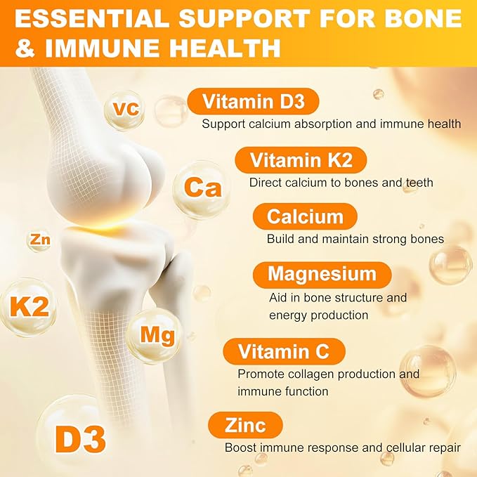 Vitamin D3 K2 Gummies for Women & Men, 6-in-1 Vitamin D Supplements with Magnesium, Zinc and Calcium for Bone, Immune & Energy Support, Sugar Free, Orange Flavor, 120 Count