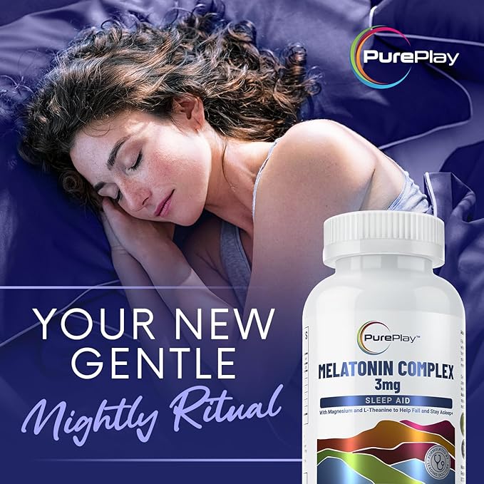PurePlay Sleep Aids for Adults, Melatonin 3mg Complex with Magnesium and Ashwagandha, Non-Habit Forming Sleep Supplement, 60 Capsules, 30-Days Supply