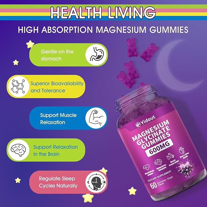 Magnesium Glycinate Gummies 600mg，High Absorption Magnesium Gummies, Sugar Free Chews for Adults & Kids Relaxation, Stress Relief (60 Count (Pack of 1))