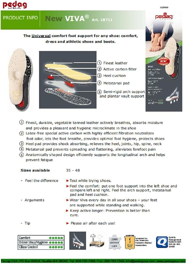 Pedag Viva | Leather Arch Support Inserts | Handmade in Germany | Plantar Fasciitis Relief | Heel Cushion | Activated Charcoal Odor Control | Metatarsal Support Pad | Tan | Men US 10/ EU 43