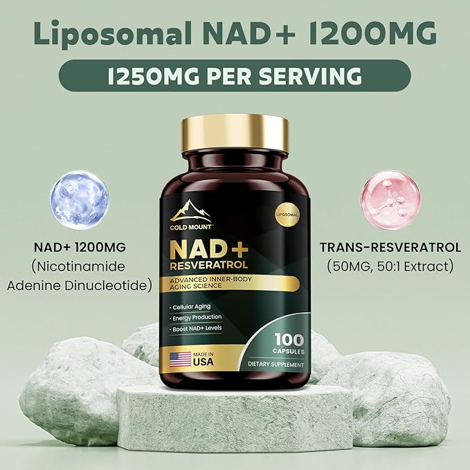 Liposomal NAD+ Supplement 1200mg with Trans Resveratrol - Boost NAD+ Levels, Energy & Anti-Aging Support - Vegan, 100 Capsules