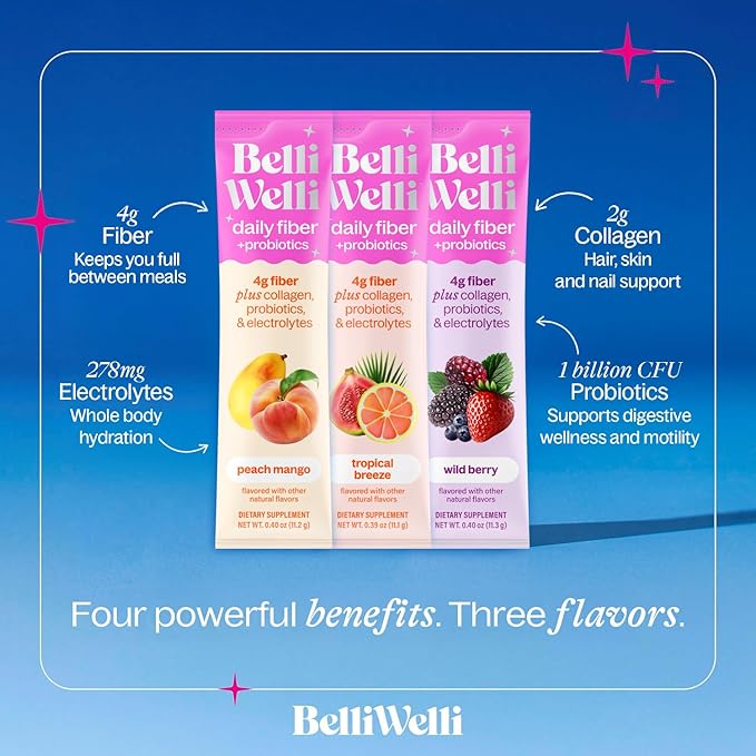 Belli Welli Fiber Supplement, Probiotics Fiber Powder Travel Pack for Women with Collagen & Electrolytes for Daily Gut Health & Debloating, Variety Pack, 10 Packets