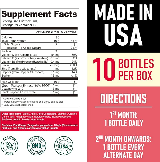 Heivy Marine Liquid Collagen for Women 10000mg, 133% Higher Absorption, CoQ10 Biotin Vitamins, USA GMP, 3rd Party Tested, Non-GMO Gluten Free, 50mL 10 Bottles
