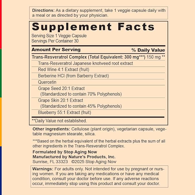 Stop Aging Now - Resveratrol Complex Supplement - with Berberine - 30 Vegetarian Capsules