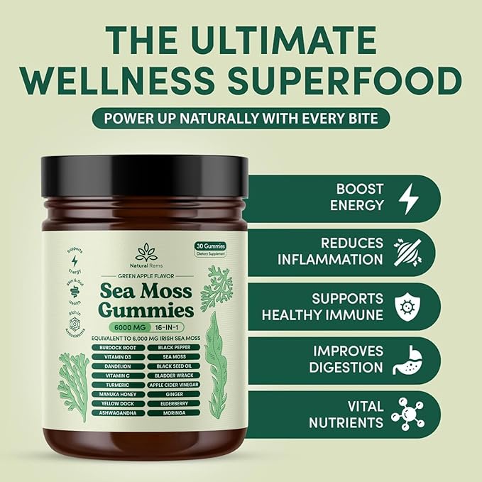 Natural Rems Sea Moss Gummies 16-in-1 - Ashwagandha Black Seed Oil Bladder Wrack Turmeric Vitamin C & D3 with Manuka Burdock Root Dandelion Yellow Dock Elderberry Apple Cider Vinegar (Green Apple)