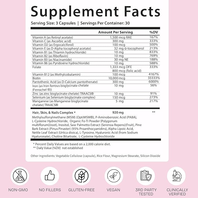 GOBIOTIX Hair Skin and Nails Vitamin Supplement - 10000mcg Biotin Pills with Hyaluronic Acid, Folate, Iron, Magnesium, and Zinc - Collagen Production, Hair Growth - 30 Servings