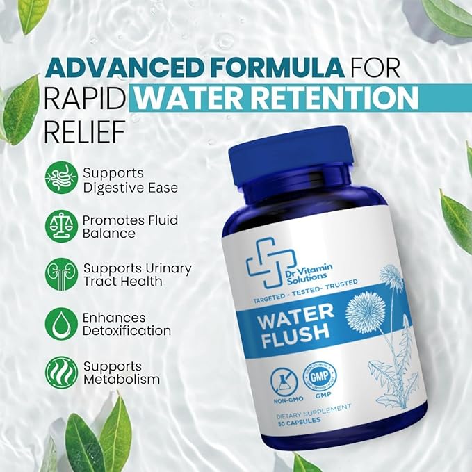 Diuretic Water Pills - Water Flush - Bloating Relief for Women & Men, Swelling & Water Retention | Natural Green Tea, Dandelion Leaf & Cranberry Detox, Water Weight Support, 50 Caps