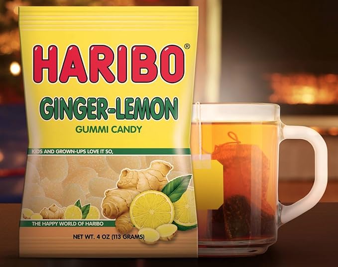 HARIBO Gummi Candy, Ginger-Lemon Gummy Candy, 4 Ounce Share Size Bags (Pack of 12) Delicious Soft & Chewy Sweet Snacks, Zesty Lemon & Warm Ginger Flavor