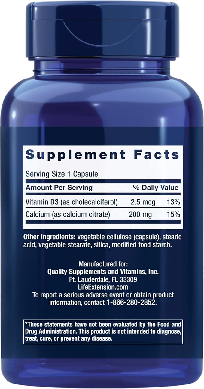 Life Extension Calcium Citrate with Vitamin D, Super-absorbable Calcium to Support Optimal Bone Health, Gluten-Free, Non-GMO, 200 Capsules