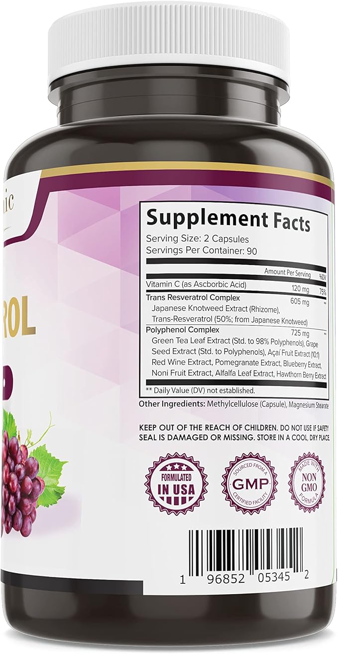 Pure O Elements Resveratrol 1450mg Extra Strength Formula to Promote Better Skin and Immunity with Green Tea, Grape Seed Ext,Red Wine Extract and Others 90 Days Supply