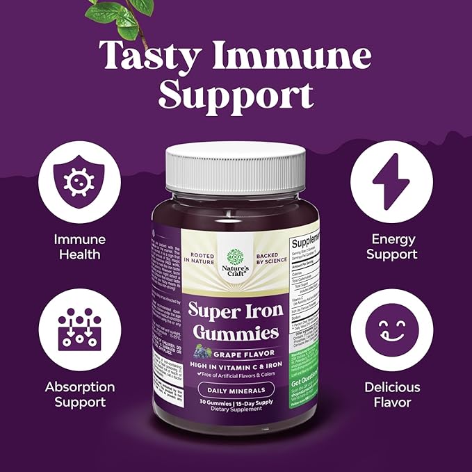 Extra Strength Iron Supplement Gummies for Women & Men - Chewable Iron with Vitamin C & B Complex for Energy Blood Builder & Immune Support - Increase Red Blood Cells Supplement - 30 Count