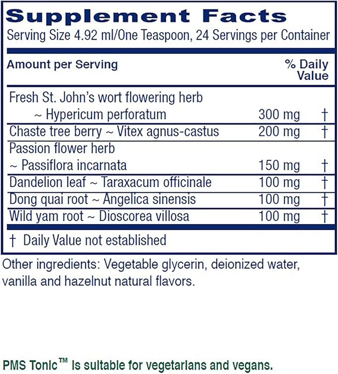 Vitanica PMS Tonic, Premenstrual Support and Relief, Saint Johns Wort, Dong Quai, Chaste Tree Berry, Wild Yam and More, Vegan, 4 Ounce