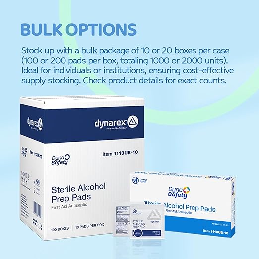 Dynarex DynaSafety Sterile Alcohol Prep Pads - Medium - 70% Isopropyl Alcohol, Individually Wrapped, Soft Cleaning Wipes - Case of 100 Boxes, 10 per Box