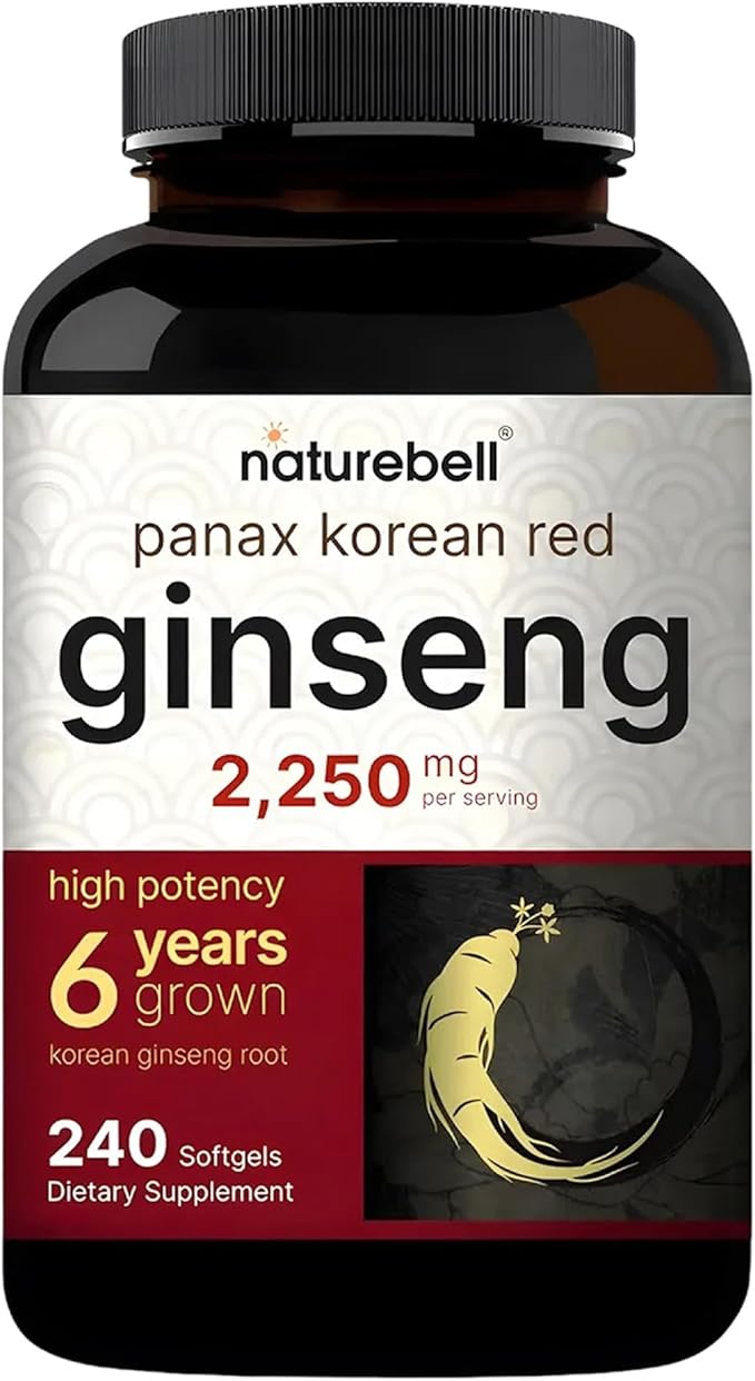 NatureBell Panax Korean Red Ginseng - 240 Softgels - 2,250mg High Strength Herbal Vitality Support* - Standardized 10% Ginsenosides from Six-Year-Old Ginseng Root - Energy & Immune Support*