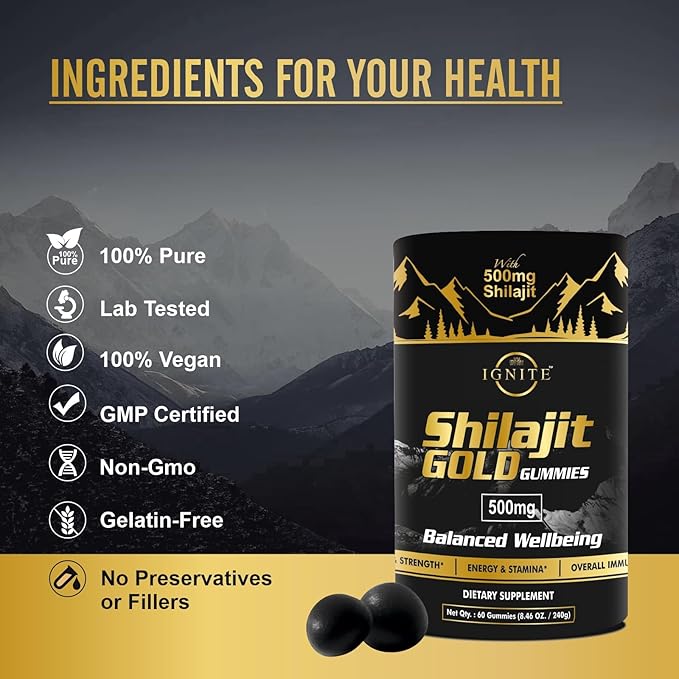 Pure Himalayan Shilajit Gummies – 75%+ Fulvic Acid, High Potency Gold Grade – Blend for Energy, Vitality & Immune Support, Travel - Friendly, Tamarind Flavor – 60 Gummies