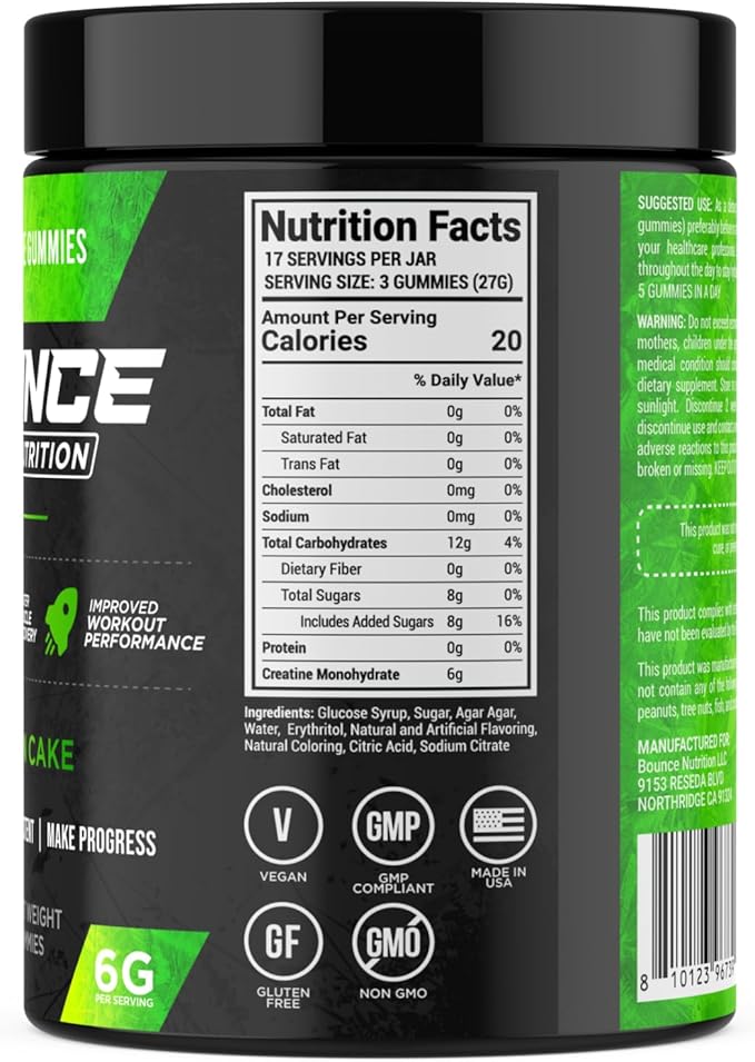 Bounce Pro Creatine Monohydrate Gummies for Men & Women, Low Calorie, 6G of Creatine per Serving, Vegan, Anti-Melting, Gluten-Free, Non-GMO (51 Count (Pack of 1), Lemon Cake)
