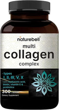 NatureBell Multi Collagen Complex - 300 Capsules - 5 Collagen Peptides (Type I, II, III, V, X), Hyaluronic Acid, Biotin & Probiotics - Hair, Skin, Nail, Joint & Gut Health Support*