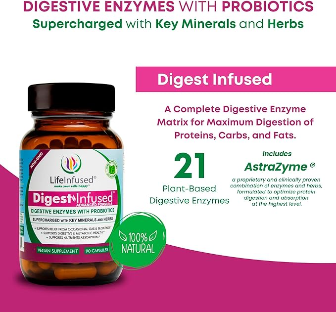 Life Infused Digestive Enzymes with Probiotics – 21 Plant-Based Enzymes with Bromelain, Papain, Amylase & Protease – Digestive Support for Gas & Bloating – 72 Trace Minerals & Herbs – Vegan – Capsules
