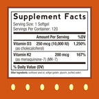 Doctor's Recipes Vitamin D3 K2, 10,000 IU, 200 mcg, MK-7, Strong Bone Density, Teeth, Immune, Heart Support, Energy, Calcium Absorption, No Soy & Gluten, Non-GMO, 120 Softgels